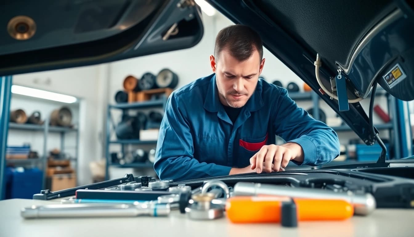 Illustration of vehicle service contract with a mechanic working on a car's engine.