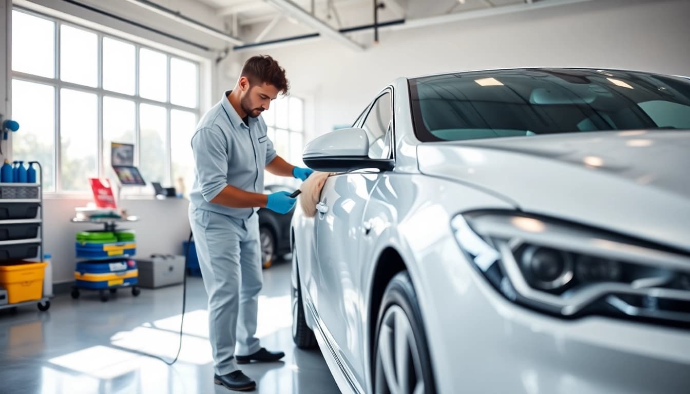 Professional car detailing Palm Beach County in a bright garage with detailed cleaning tools.