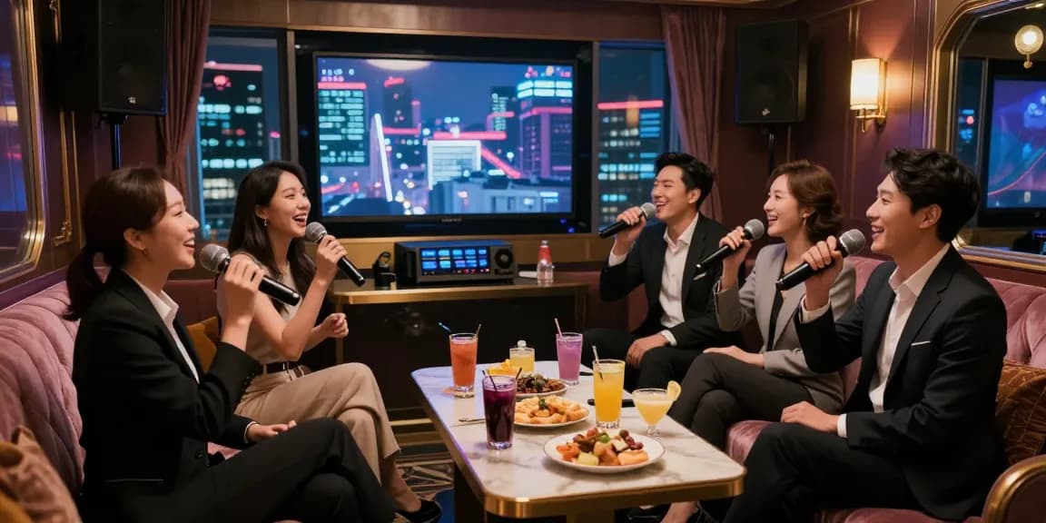 강남 가라오케에서 프라이빗 파티를 즐기는 프로페셔널 그룹의 모습, 고급스러운 인테리어와 조명이 돋보인다.