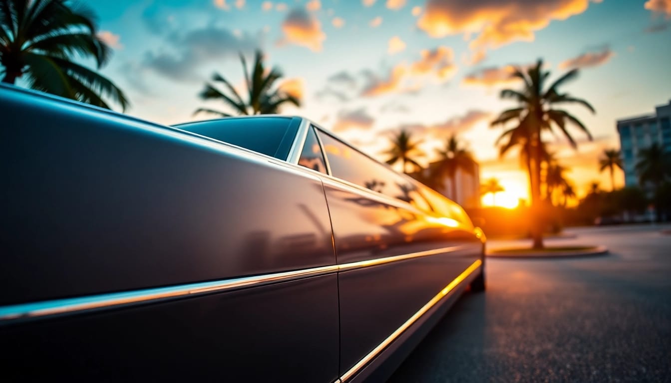 Limo company Miami luxury limousine parked against a stunning Miami sunset backdrop.