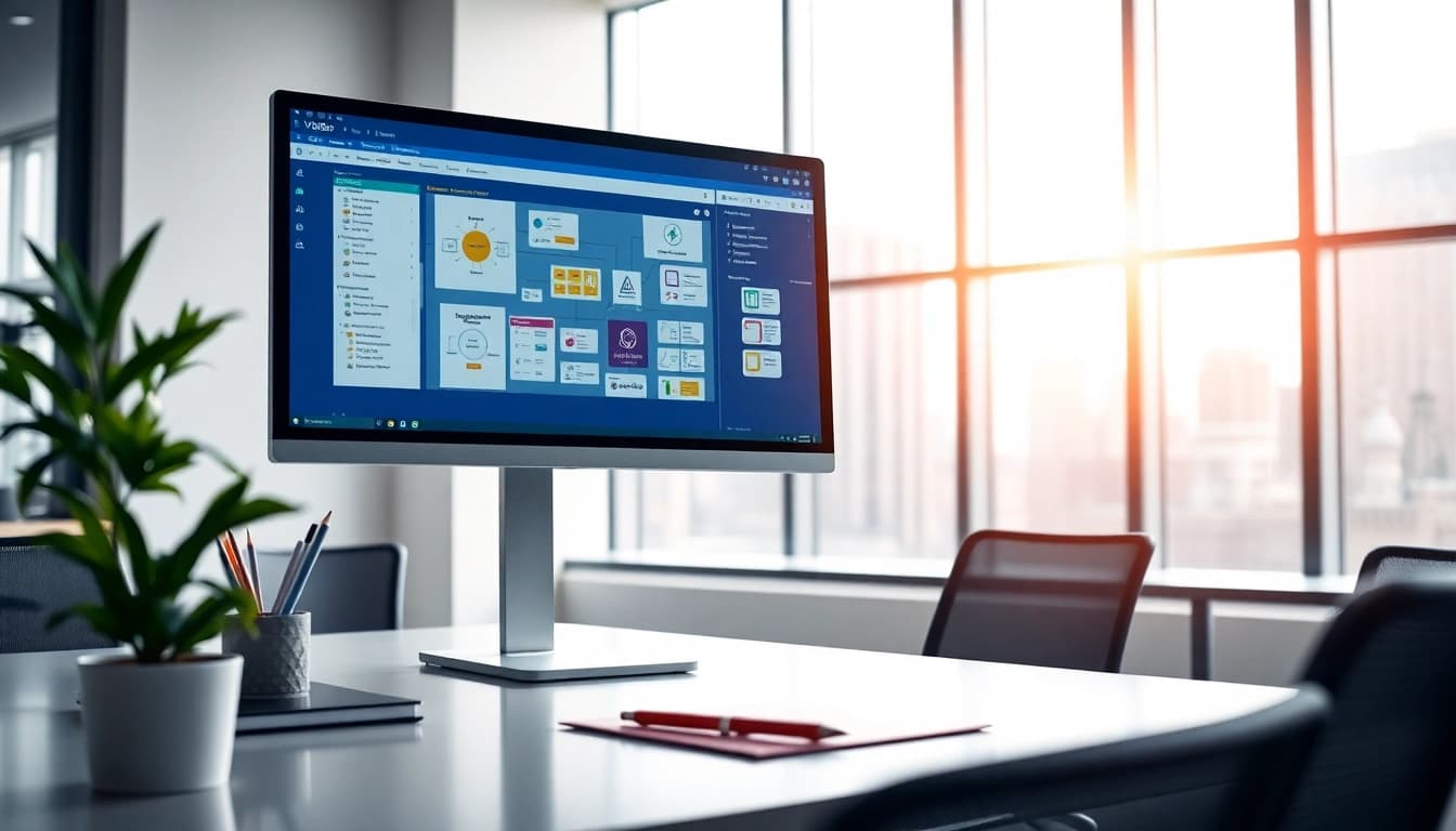 Visual representation of Vislio software in a professional office setting, showcasing diagram tools.
