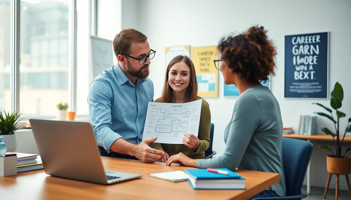 Engaging scene of career coaching with a professional mentor guiding a client.