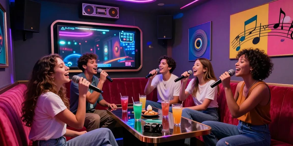강남가라오케에서 친구들과 함께 노래를 즐기는 화려한 분위기의 카라오케룸 모습