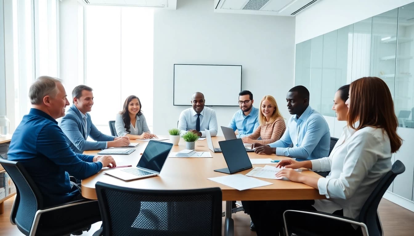 Teamwork on Federal and State contracts highlighted in a bright, professional business setting.