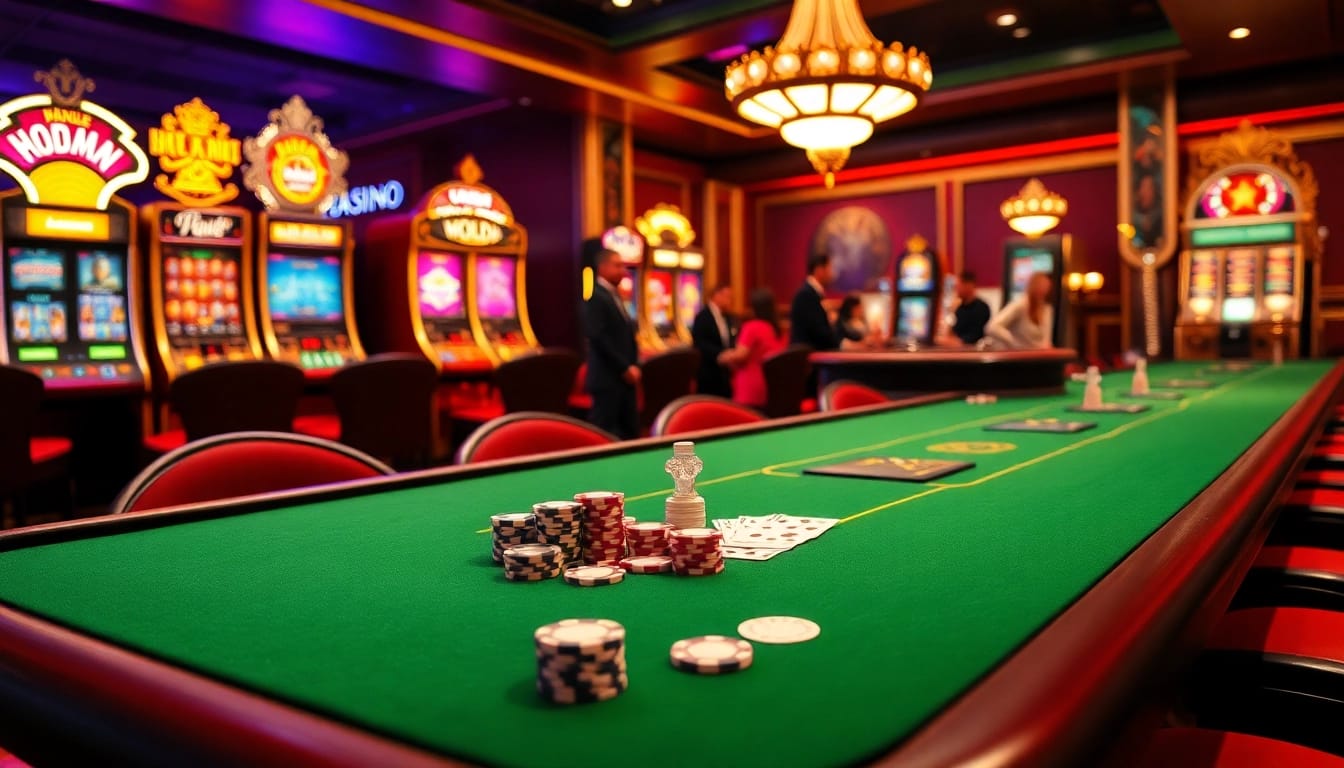 Vivez l'excitation du casino en ligne avec des jetons de poker et une roue de roulette qui tourne.