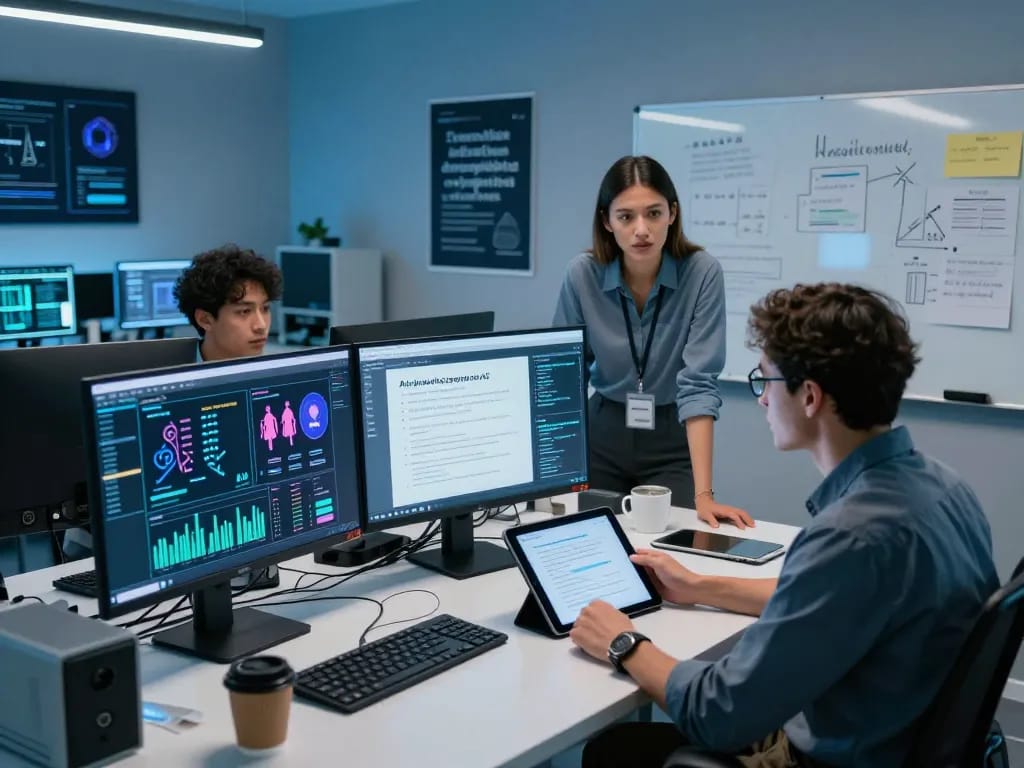 Team analyzing sex AI ethics in a modern tech lab, showcasing responsible AI exploration.
