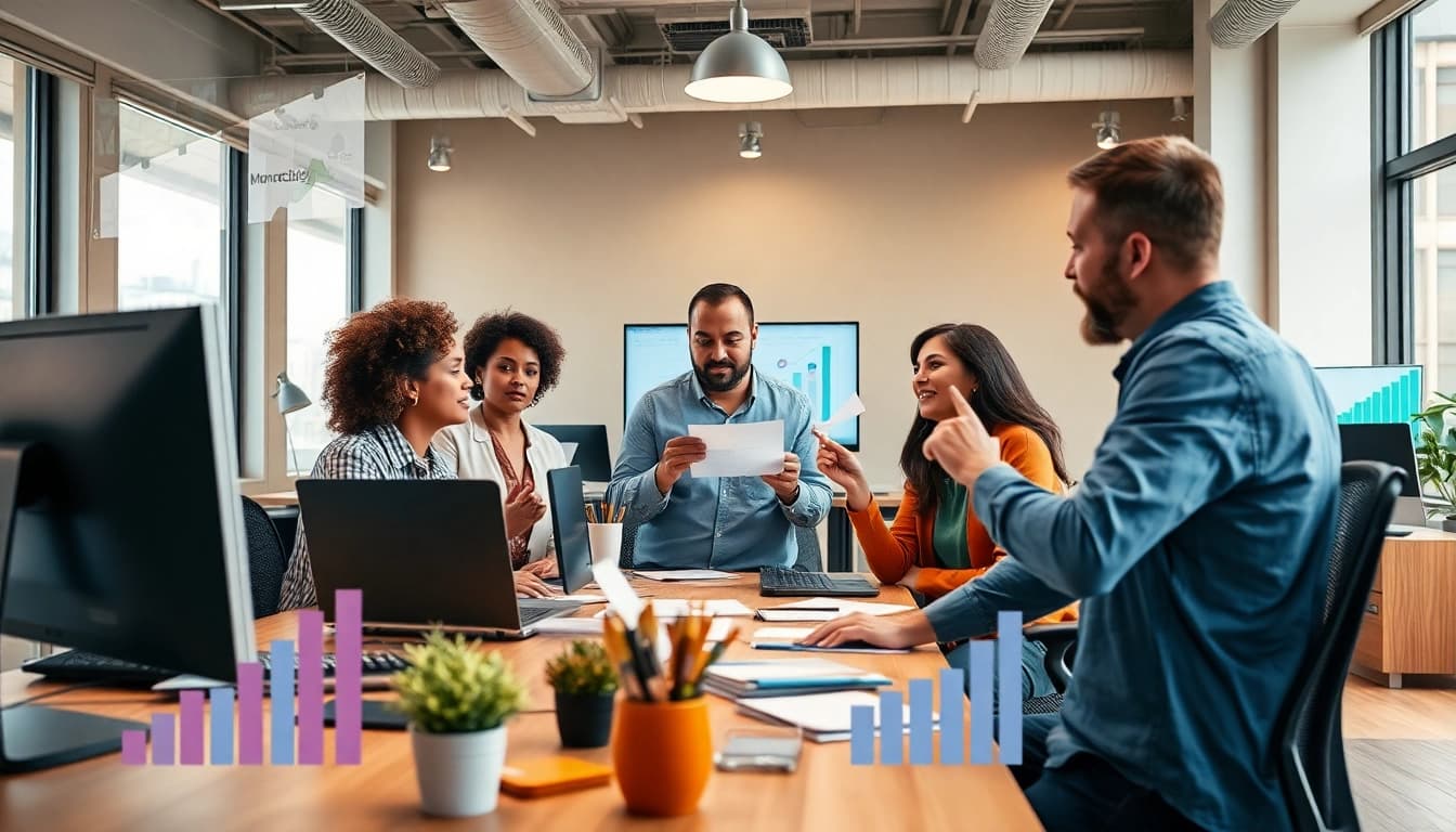 Engaging scene of content monetization for creators showcasing brainstorming strategies in a modern workspace.