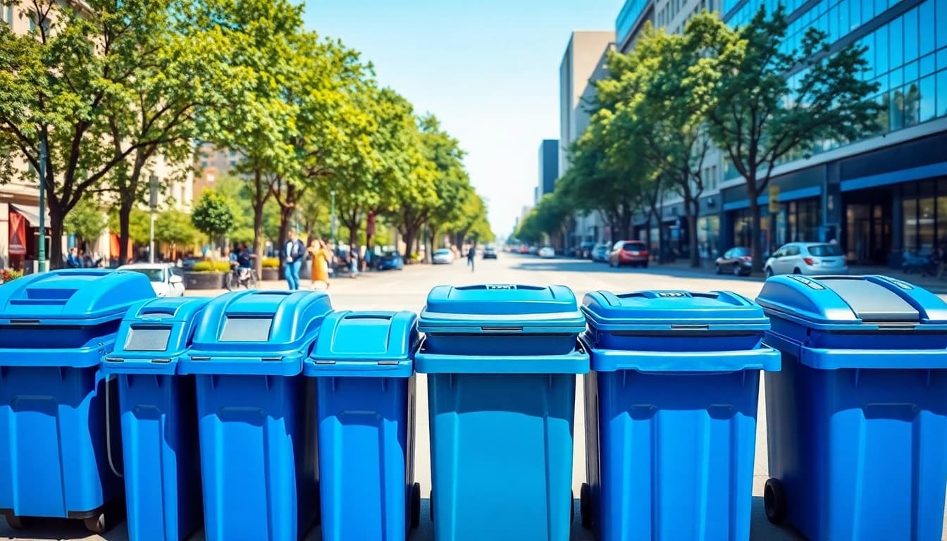 Organized garbage removal bins in an urban setting with clear blue sky background.