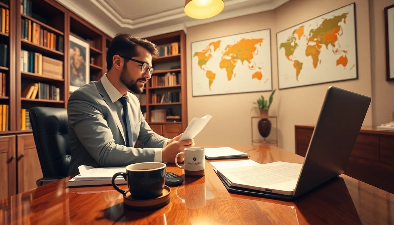Professional scene featuring a certified translator (beëdigd vertaler) at work in a cozy office, fostering client relationships.