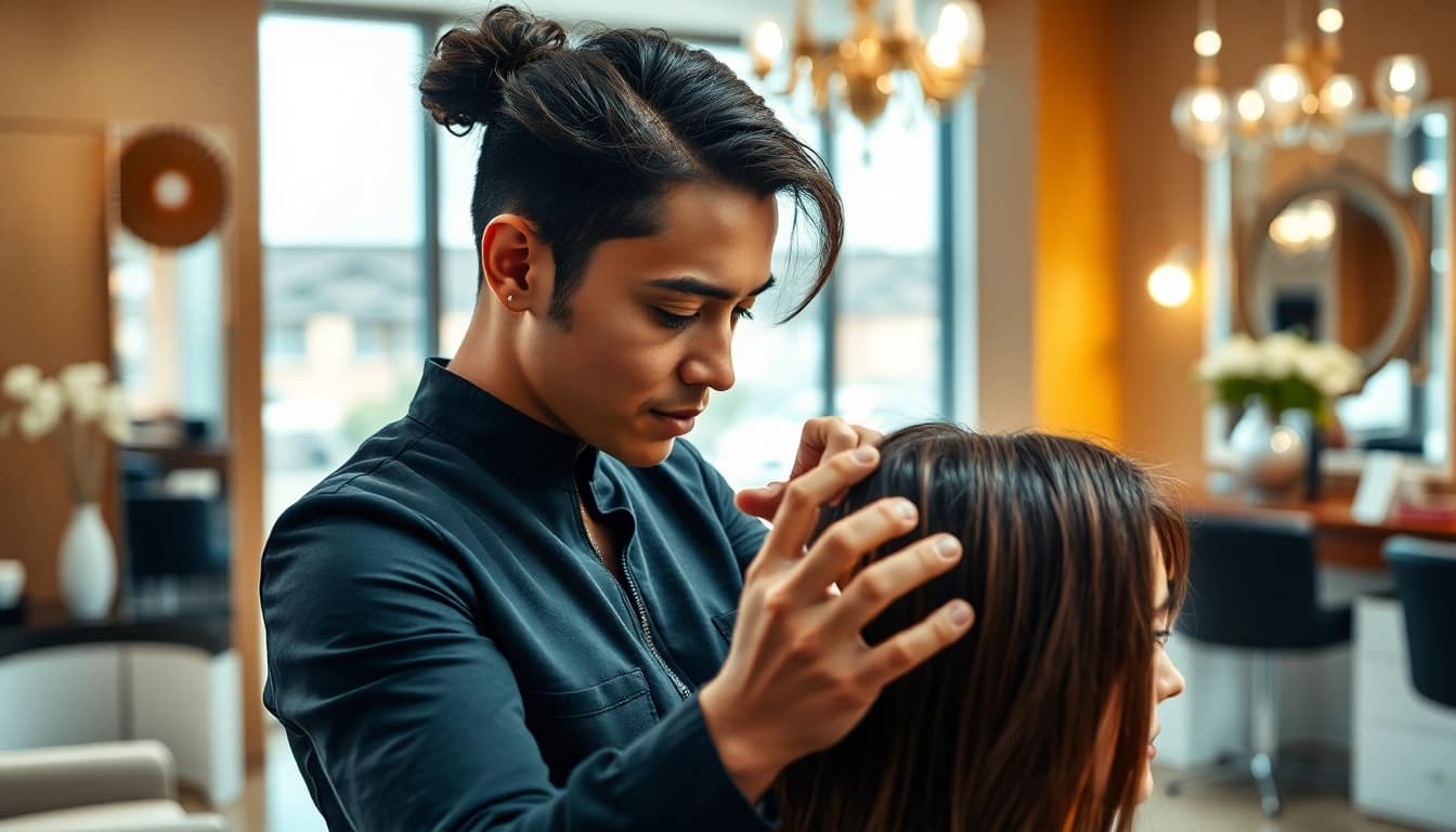 Ace of Fades 212 stylist expertly applying a custom hair system in a modern studio.