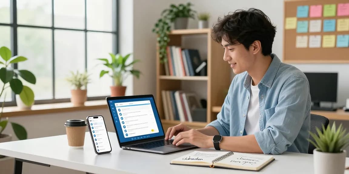 Engaging work scene showcasing 纸飞机中文版官网 features on a laptop in a modern office.