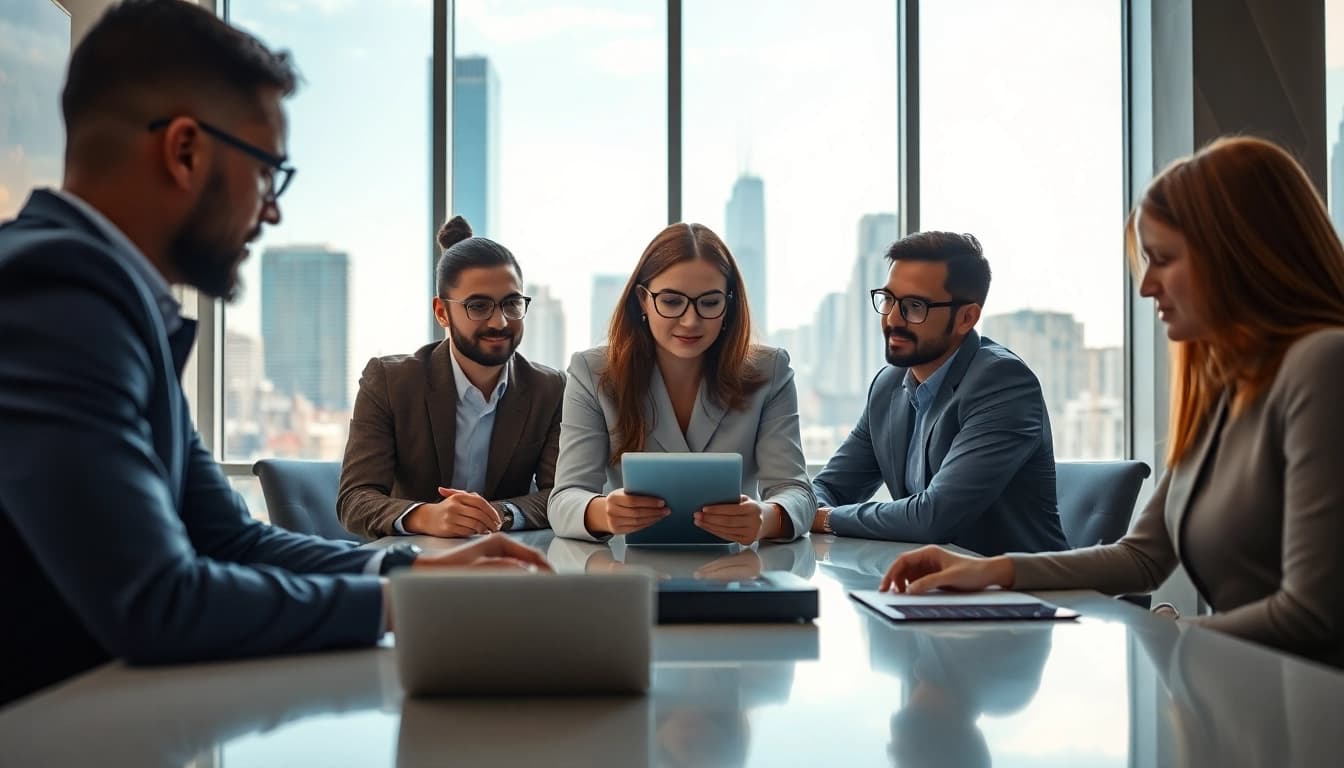Engaging enterprise assistant collaborating with a team in a modern office setting.