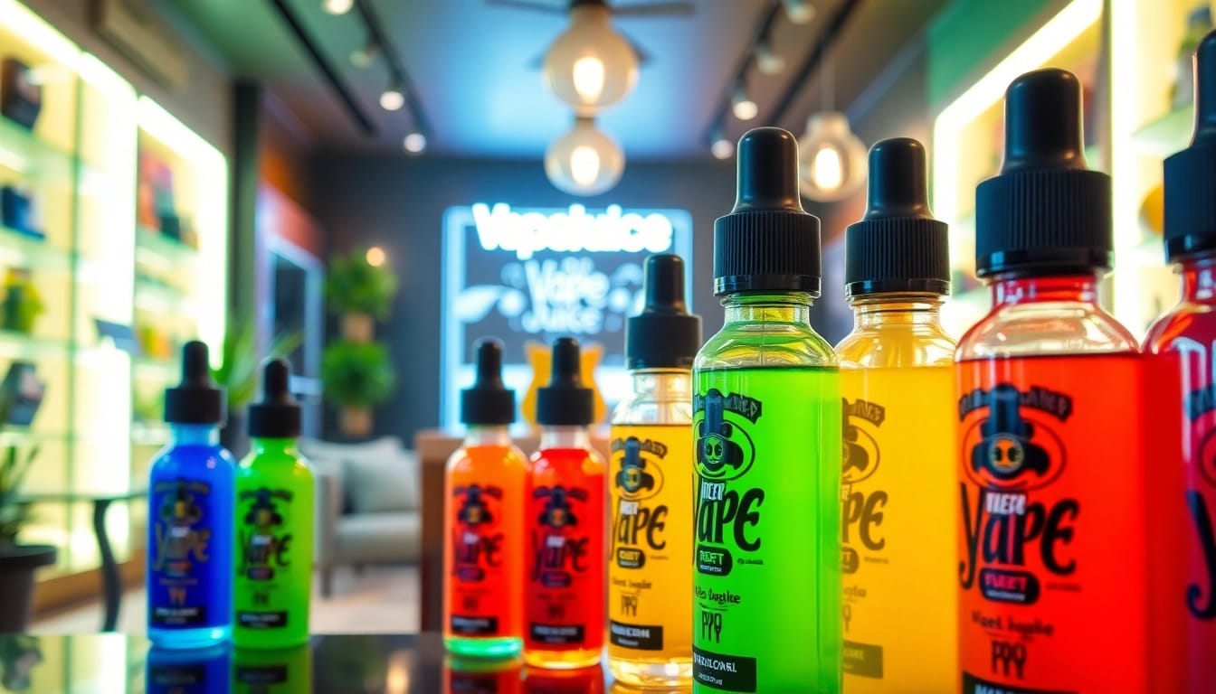 Showcase a range of colorful vape juice bottles at Vape Juice Depot in an inviting environment.