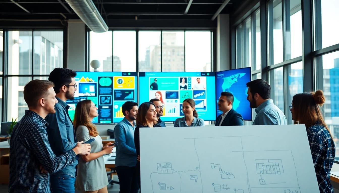 Showcase of web design company team collaborating creatively in a modern office.