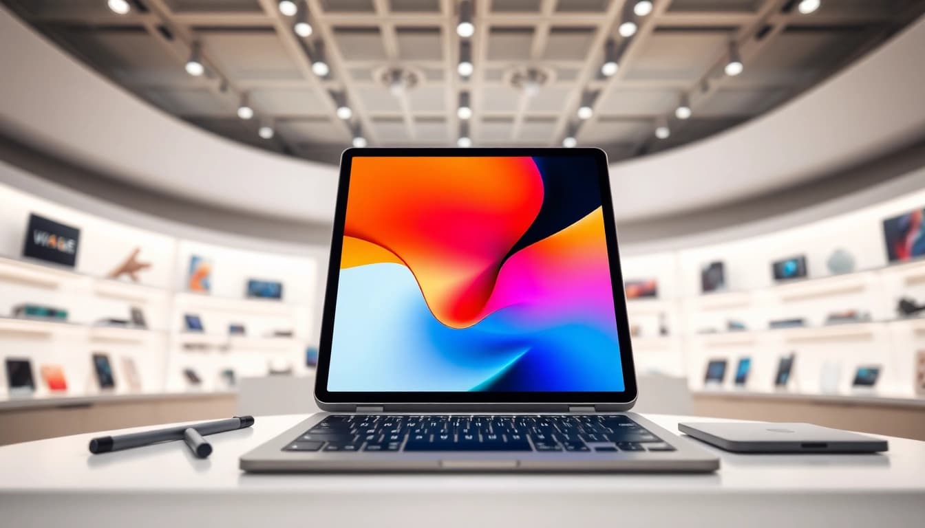 Vibrant display of iPad 9na generación precio con accesorios modernos en un entorno de venta al público.