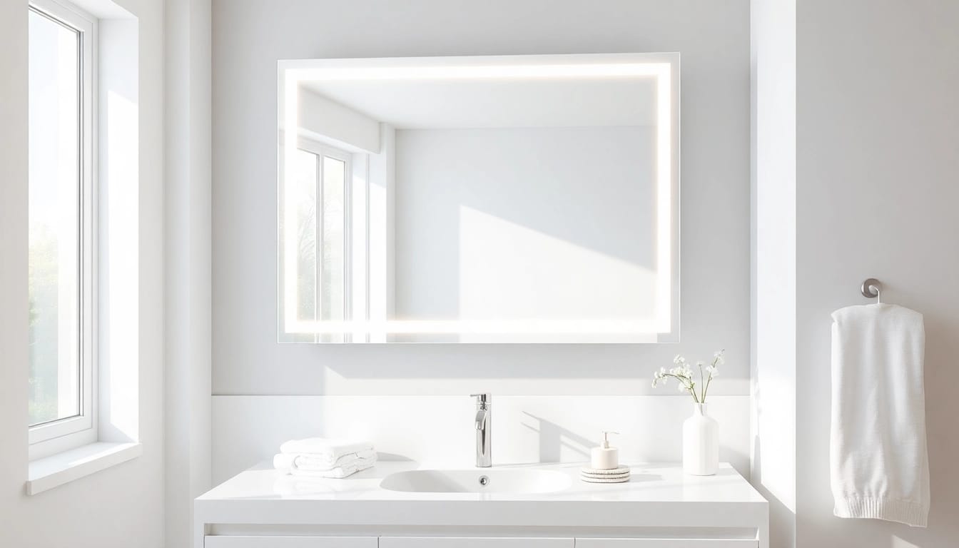 View of an elegant bathroom mirror illuminated by LED lights, enhancing the modern bathroom's aesthetics.