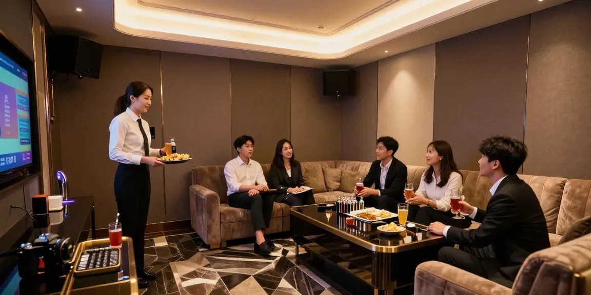 구구단쩜오의 프리미엄 가라오케 룸에서 고객과의 대화와 서비스 과정이 돋보이는 현장 모습