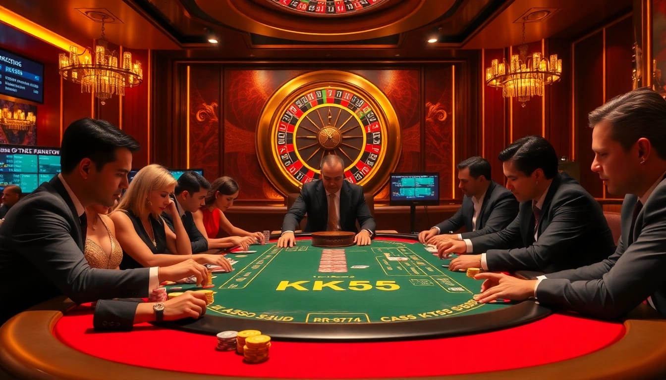 Gambling excitement at a poker table with KK55 betting slip and chips in a luxurious casino.