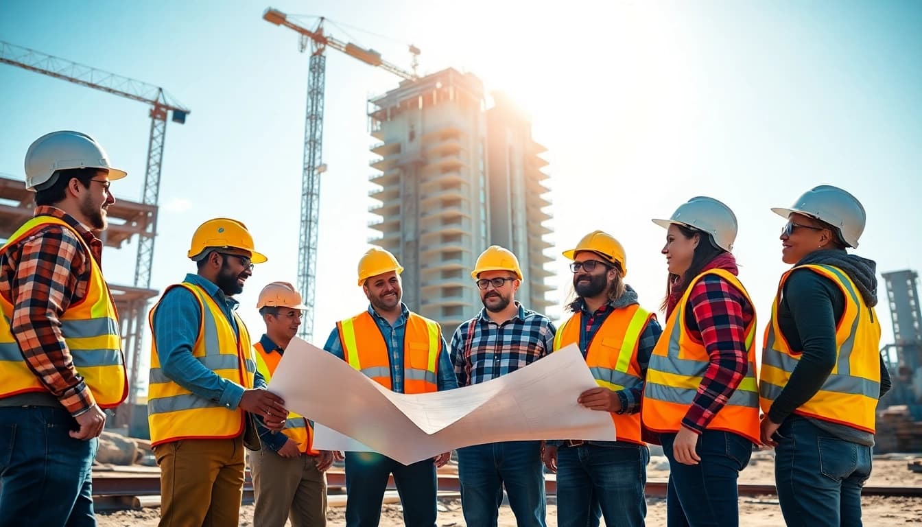 Engaged workers in a construction career planning at a building site with a skyscraper backdrop.