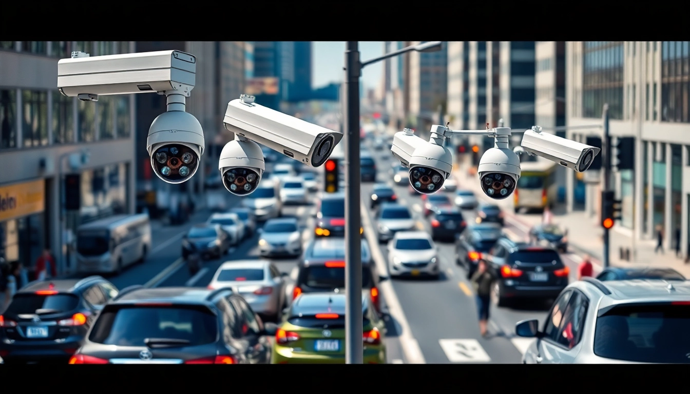 Capturing automatic license plate recognition with advanced cameras in urban streets.
