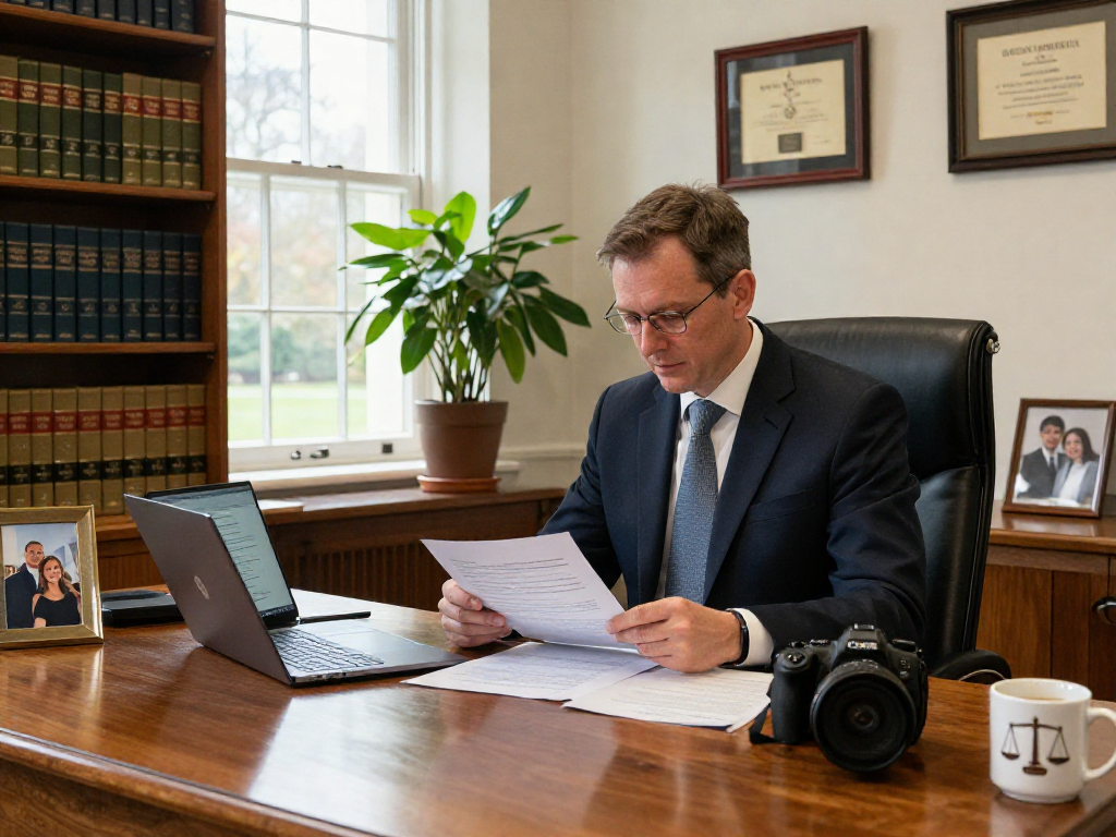 Stephen Gleave Ancaster reviewing legal documents in a warm professional office.