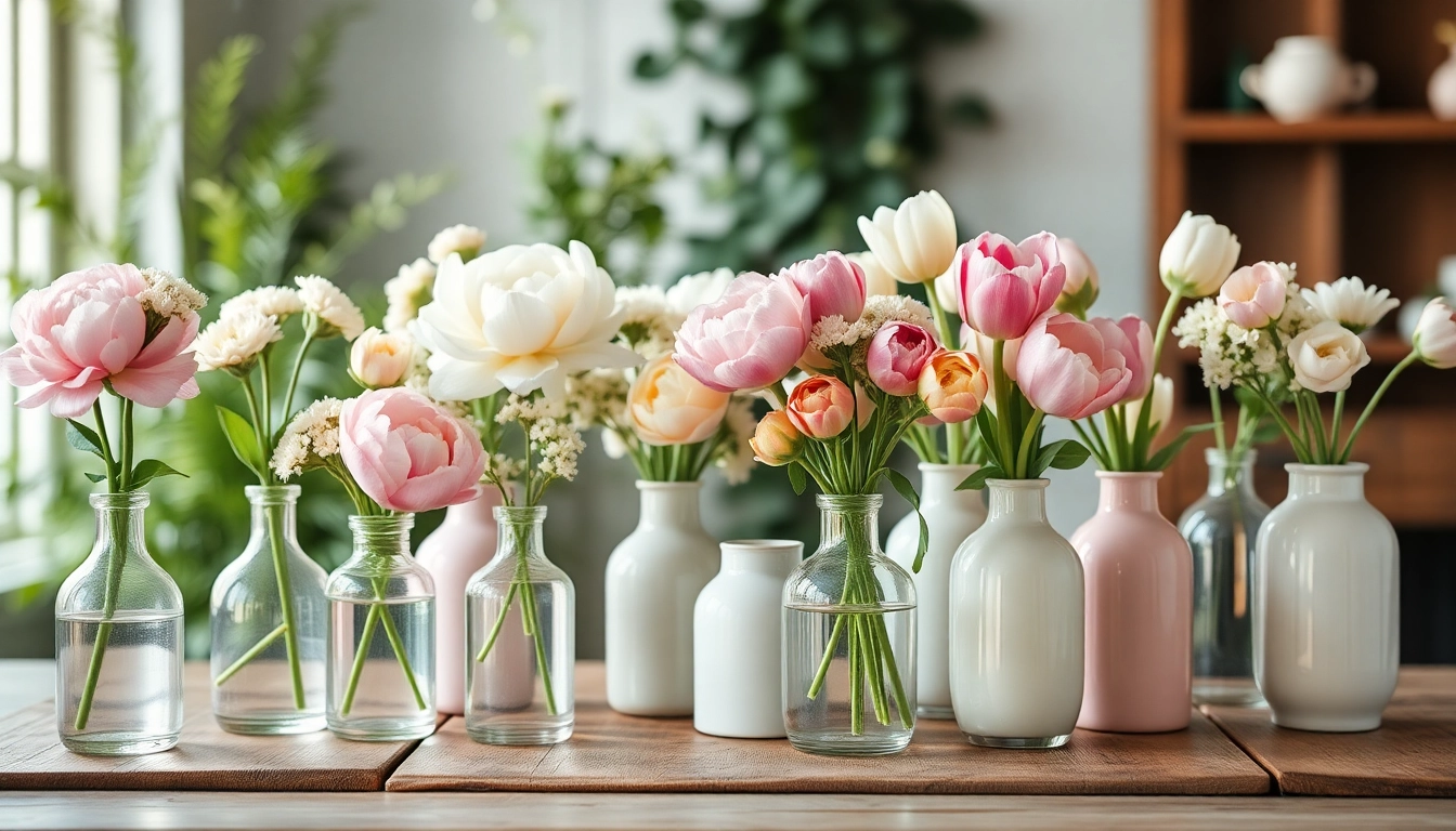 Elegant display of bud vases filled with flowers on a rustic table, showcasing various designs and textures.