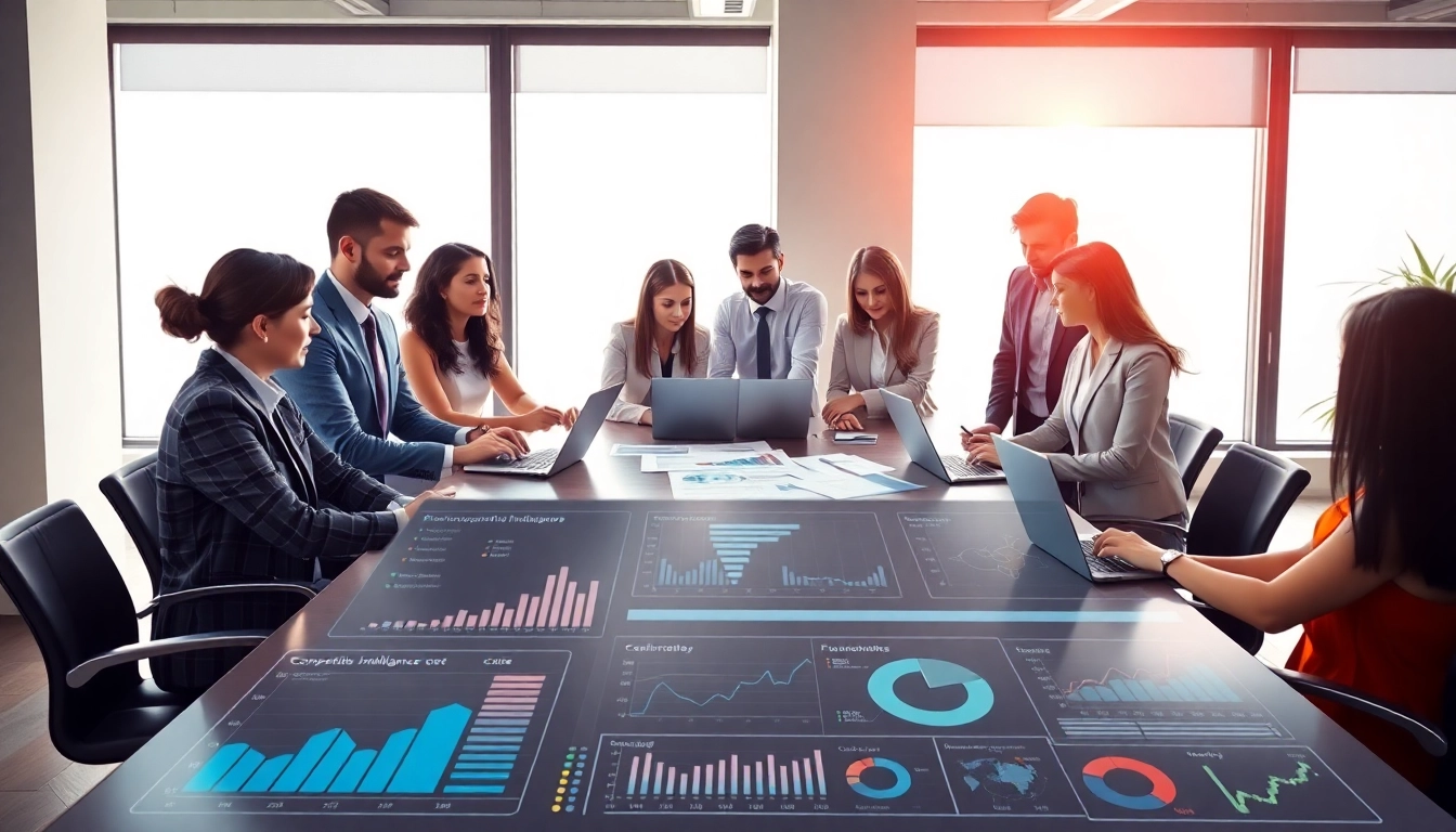 Analyze competitive intelligence data with a diverse team in a bright, modern office.