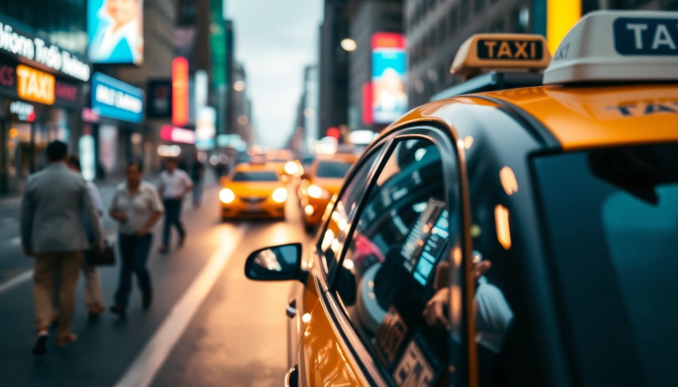 Experience seamless LONG DISTANCE TAXI TRANSFERS with a sleek taxi navigating through a busy urban landscape.