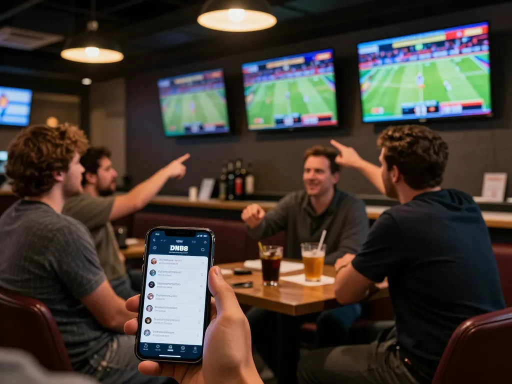 Betting enthusiasts engaging in dynamic discussions while using the DN88 app in an exciting sports lounge