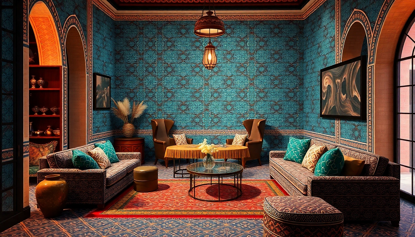 Carreaux Zellige dans une pièce luxueuse d'inspiration marocaine, présentant des motifs complexes et des couleurs chaudes.