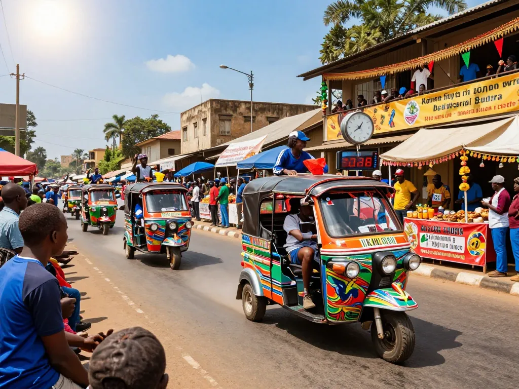Tuk tuk racing Kenya: Enthusiastic participants compete in vibrant, custom tuk tuks during an exhilarating street race in Nairobi.