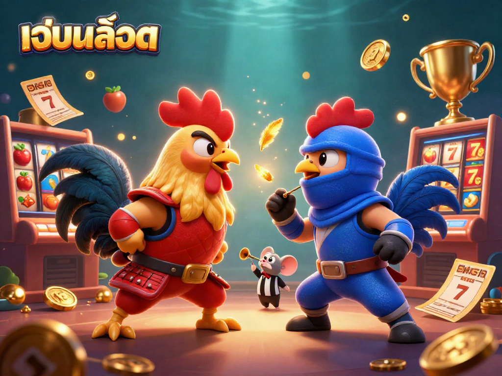 Engage with เว็บสล็อต features in a vibrant 3D showdown of roosters amidst slot reels and gold coins.