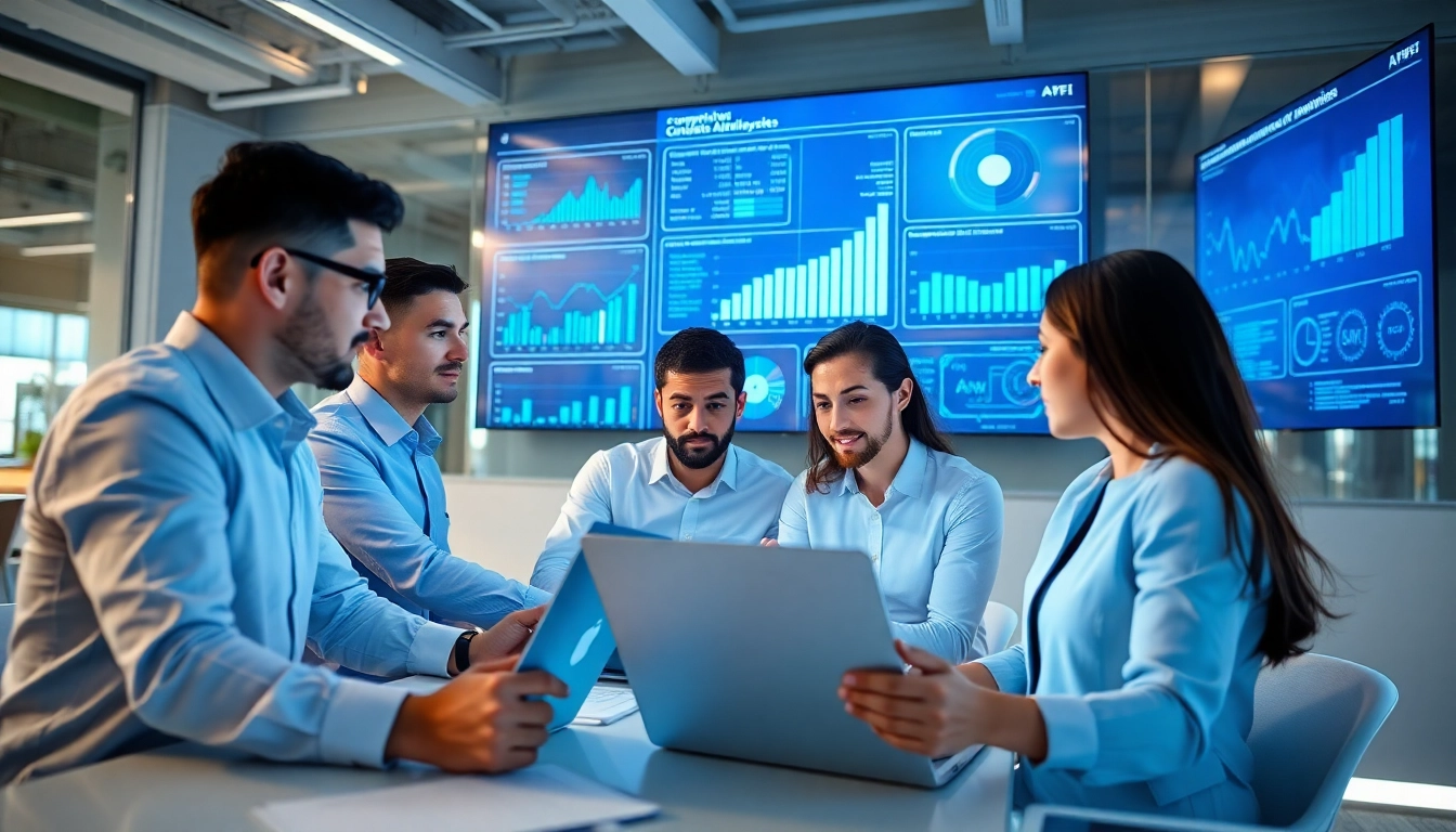 Analyze competitor insights using AI for competitor analysis tools in a modern office.