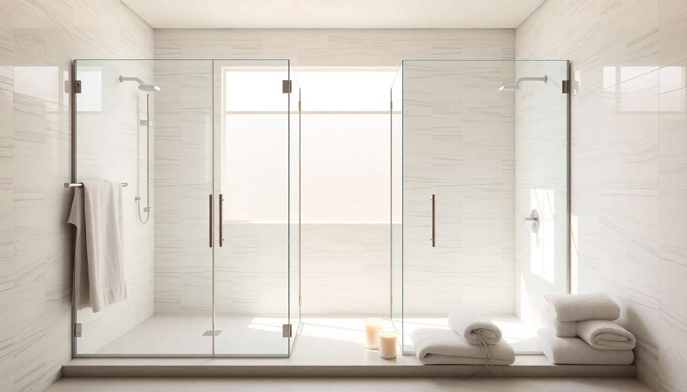Experience elegant showers in a serene bathroom setting with glass enclosures and soft decor.