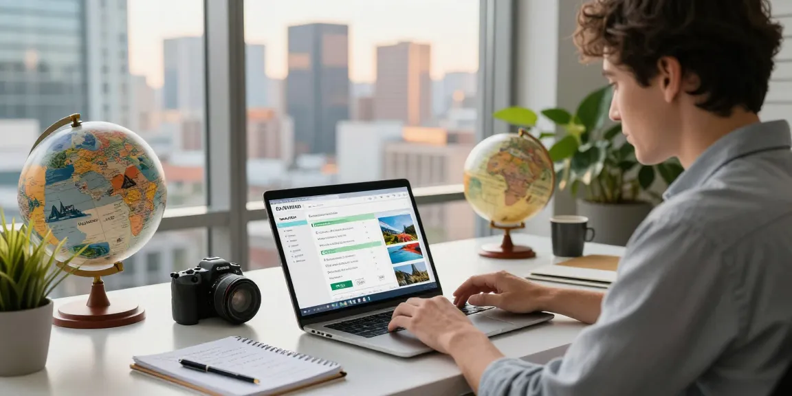 Discovering travefy alternatives while using a travel advisor CRM in a stylish office, showcasing itinerary planning and a vibrant city view.