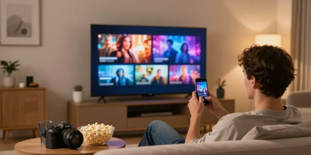 Experience idlix vip streaming in a cozy living room setting with vibrant movie graphics.