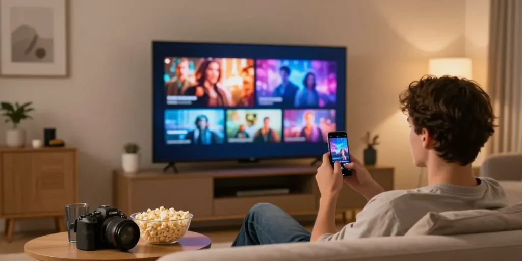 Experience idlix vip streaming in a cozy living room setting with vibrant movie graphics.