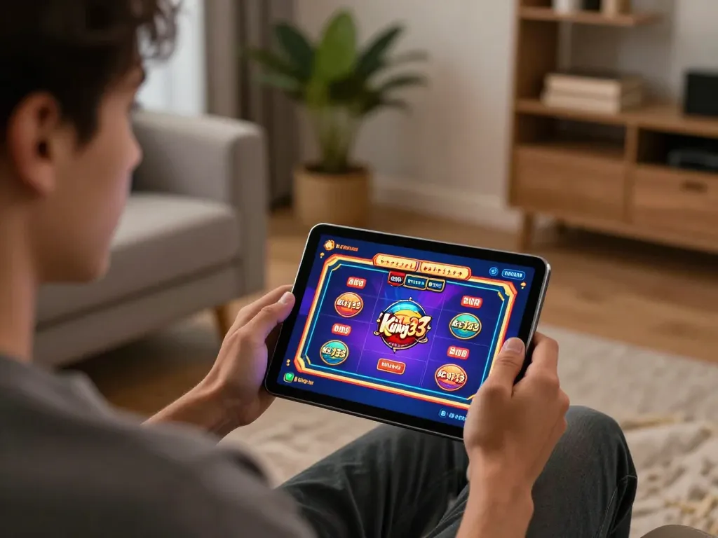 Engaged player using a tablet for online gambling at king33 in a stylish living room setting.