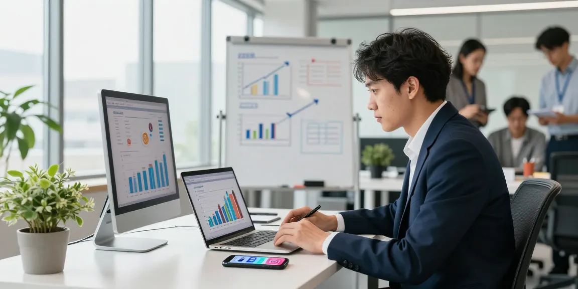 Buy Instagram followers with real metrics analysis in a modern office.
