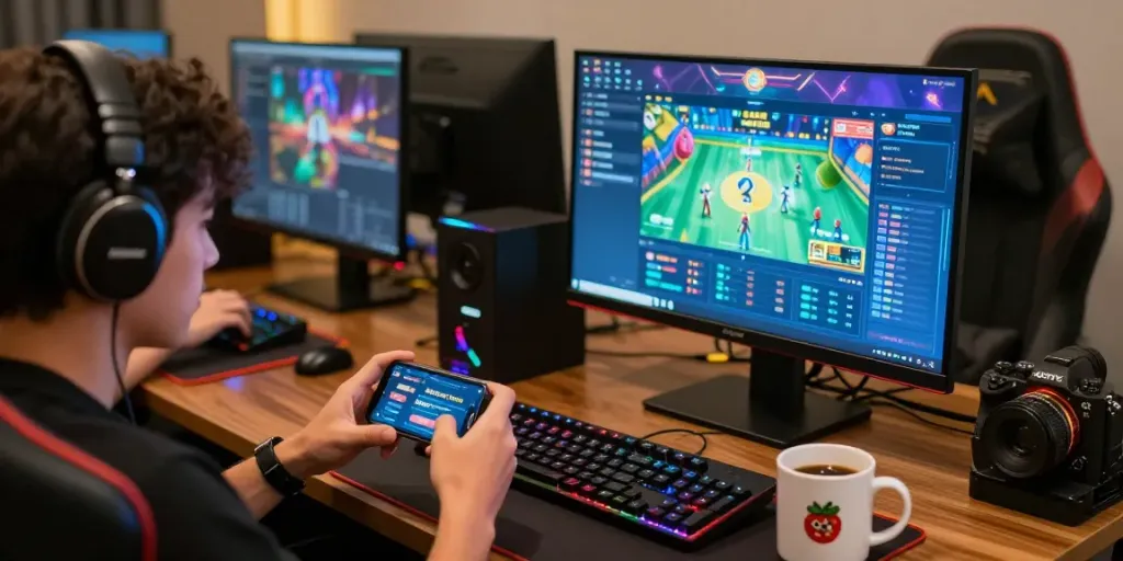 Player on smartphone using link alternatif djarum bos and desktop for an exciting gaming experience.