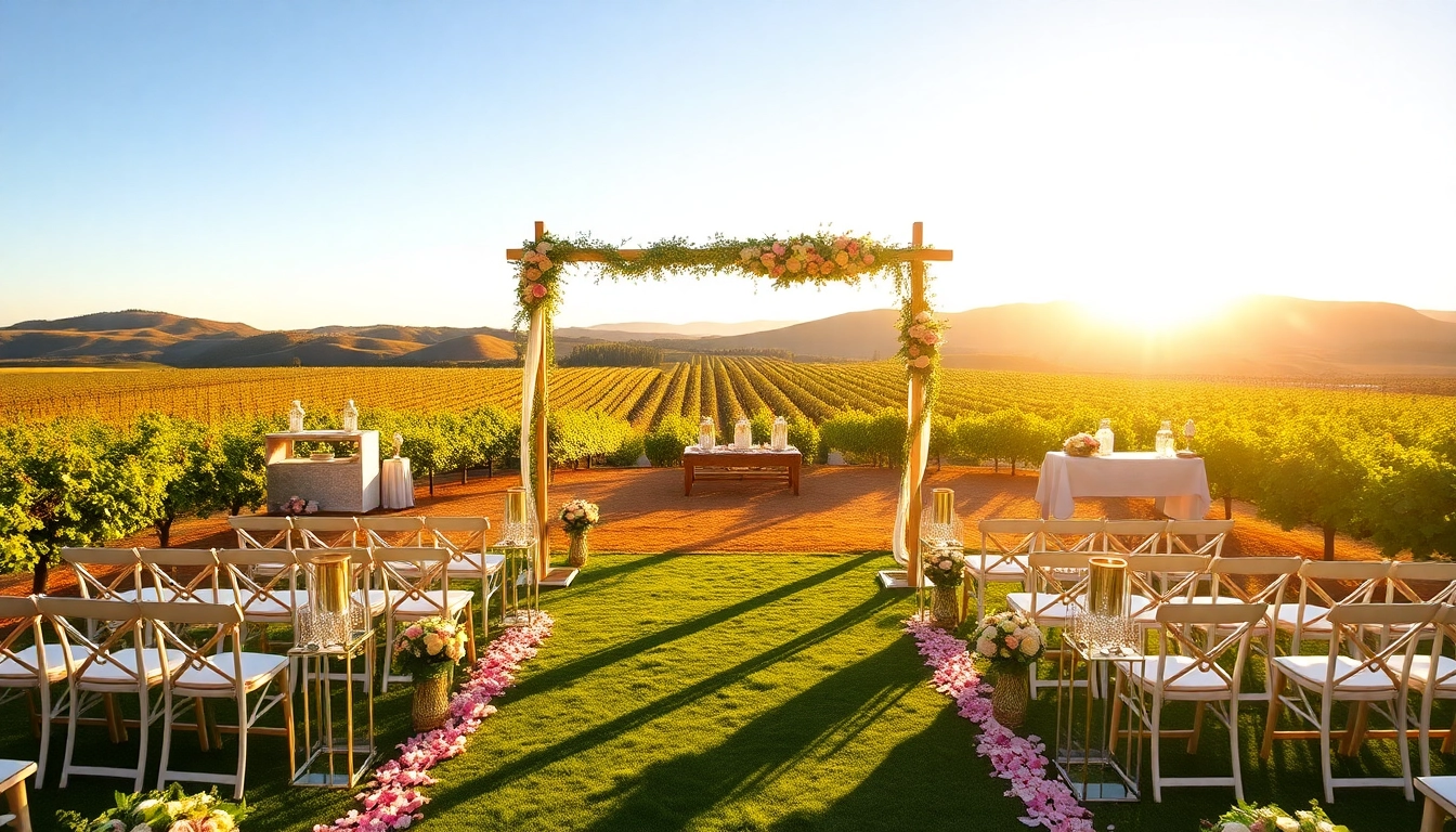 Romantic wedding venue California with vineyard backdrop and charming decor.