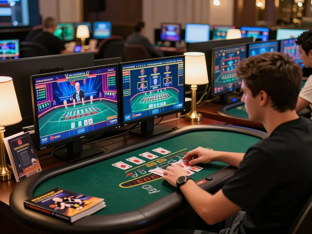 Engaged player at a modern online casino with live blackjack, showcasing strategies for 789 win gaming.