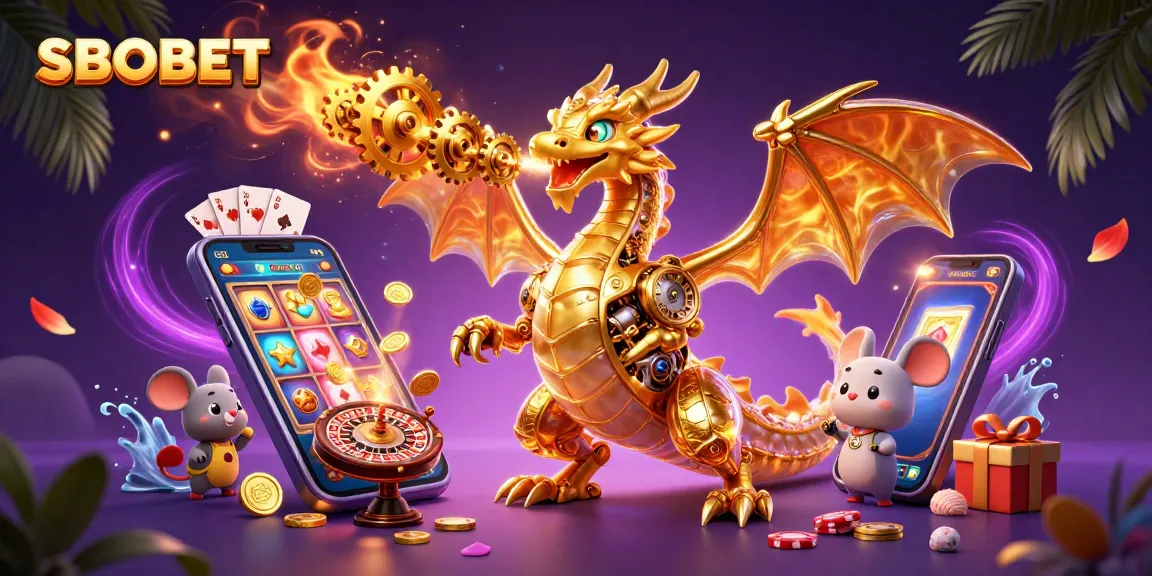 SBOBET showcases a gaming scene with a mechanical golden dragon and vibrant casino elements.