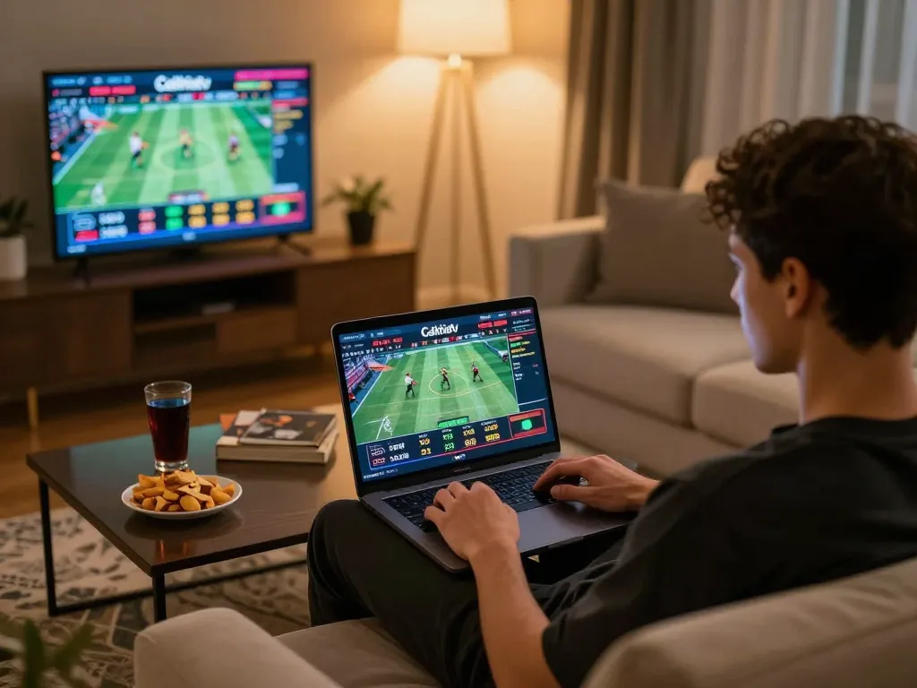 Cakhiatv user engaged in live sports betting on a laptop with dynamic interface and cozy setting