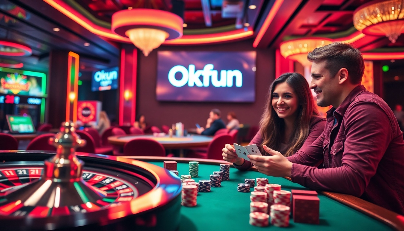 Experience the thrill of Okfun gambling with friends at a lively casino table surrounded by colorful chips.
