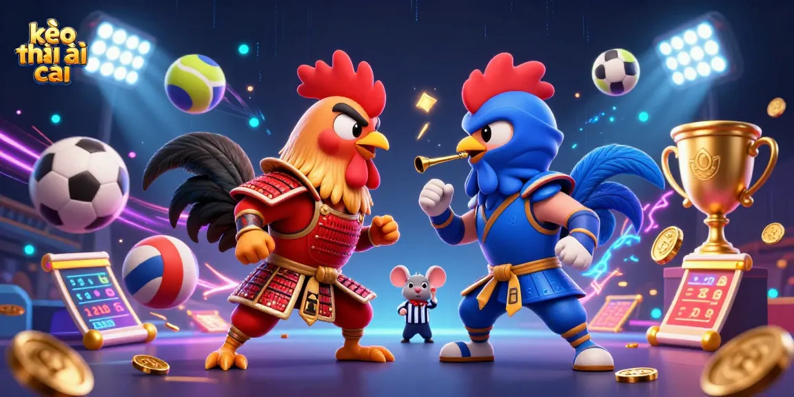 Engage with kèo nhà cái in an action-packed scene featuring cartoon roosters and dynamic sports elements