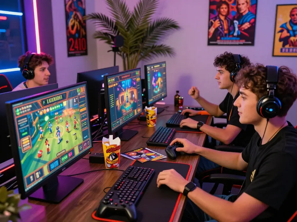 Engaging scene of friends playing SC88 vip online casino games, surrounded by vibrant gaming gear and dynamic atmosphere.