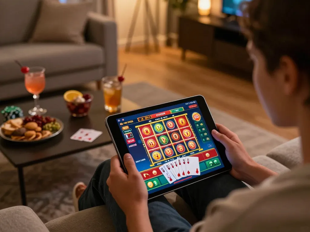 Engaged player using tablet on casino app at home, exploring sites not on gamstop with exciting gameplay options.