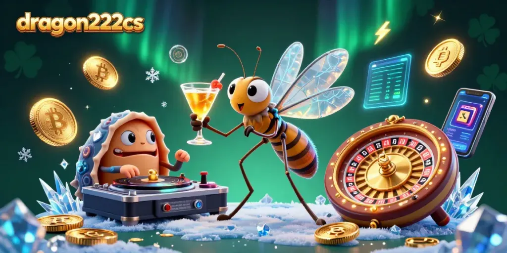 Experience thrilling wins with dragon222cs as a virtual mosquito mascot showcases casino excitement in a vibrant scene.