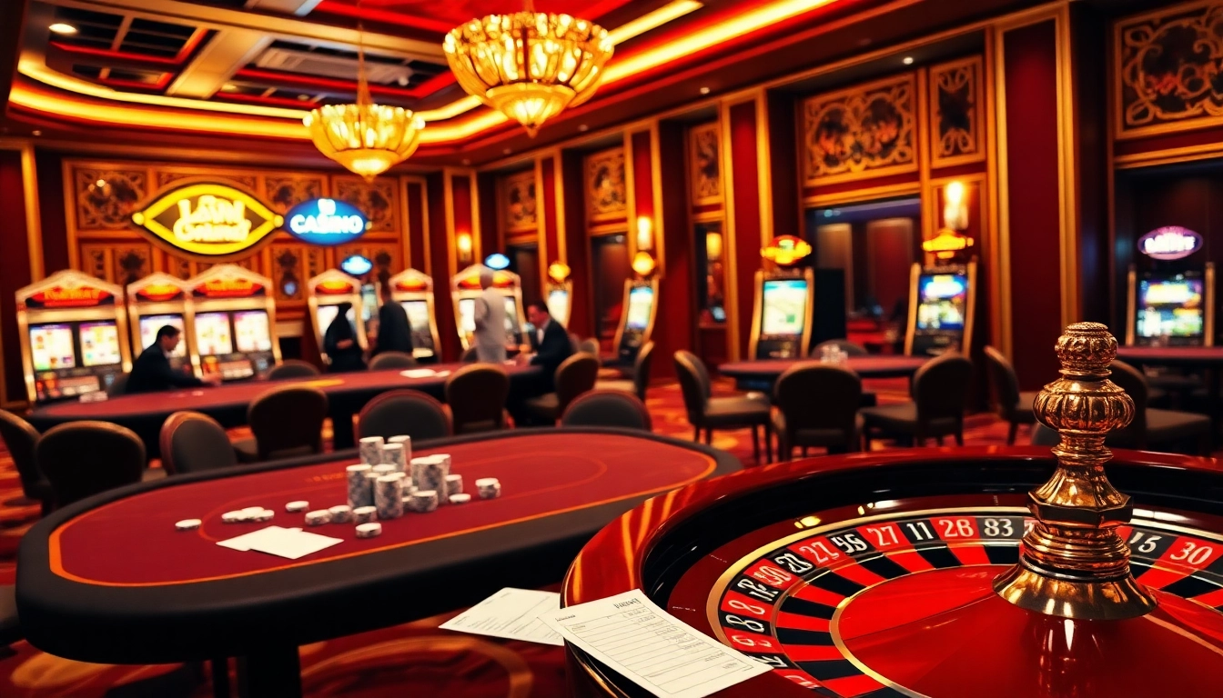 Scène passionnante d'action de casino en ligne avec des joueurs de poker et des machines à sous vibrantes.